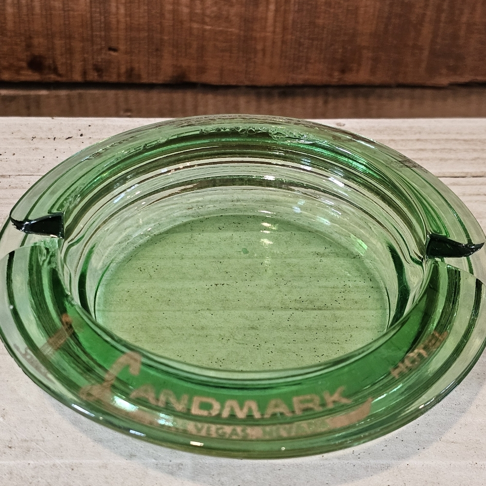 Vintage 70's Landmark Hotel Las Vegas Green Glass Ashtray